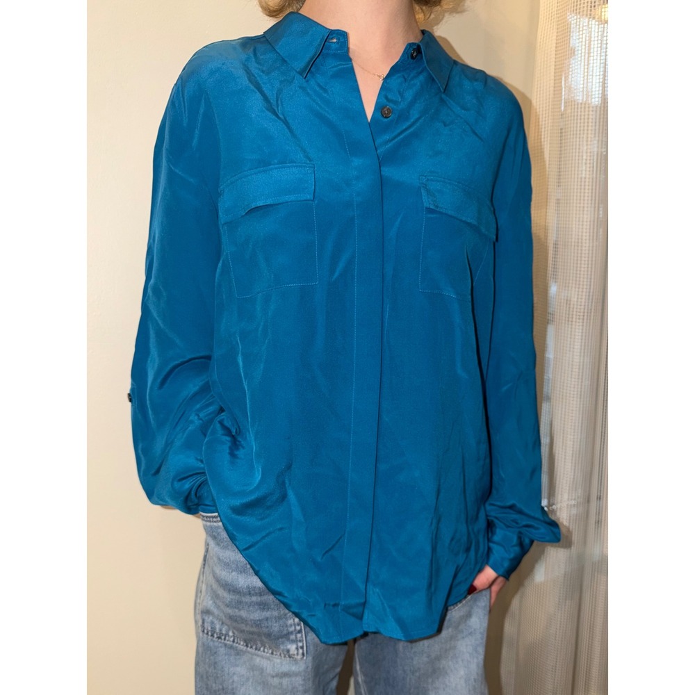 Anne Taylor 100% Silk Blouse Teal Blue Double Pocket Button Down Shirt - Picture 2 of 12